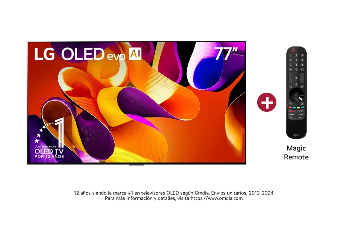 Vista frontal con LG OLED evo TV, OLED G4 evo AI, incluye Magic Remote, y el emblema de 11 años de OLED número 1 del mundo y el logotipo de 5 años de garantía del panel en la pantalla