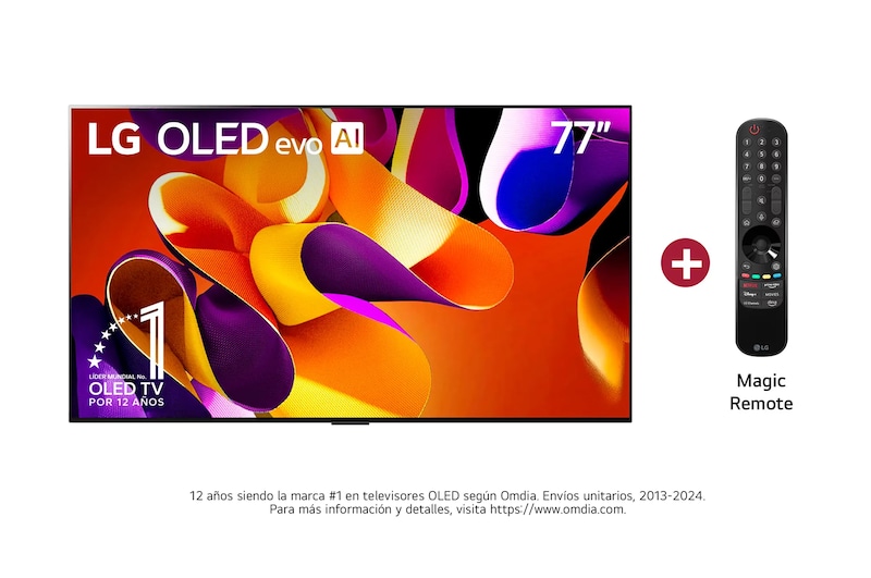 Vista frontal con LG OLED evo TV, OLED G4 evo AI,  incluye Magic Remote, y el emblema de 11 años de OLED número 1 del mundo y el logotipo de 5 años de garantía del panel en la pantalla