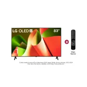 Vista frontal con el LG OLED TV, OLED AI B4, el emblema de 11 años como líder mundial OLED y el logotipo de webOS Re:New Program en la pantalla con soporte de 2 polos