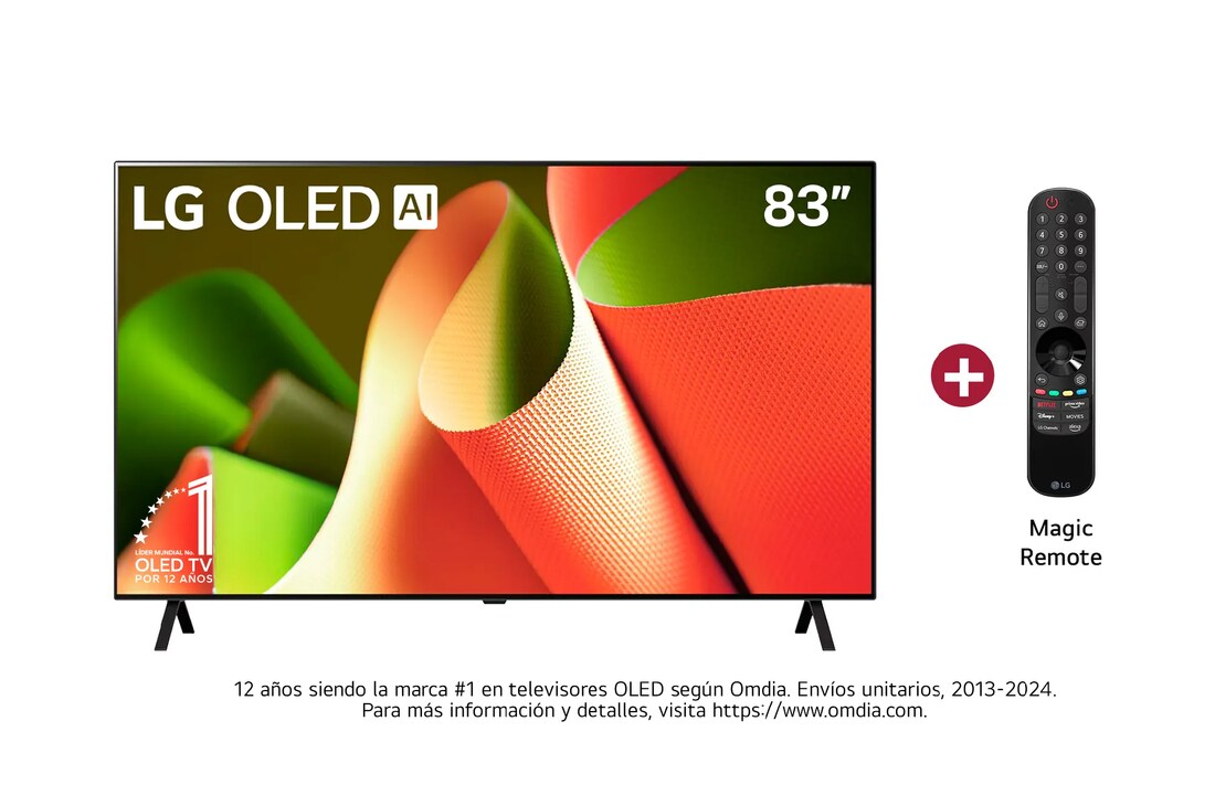 Vista frontal con el LG OLED TV, OLED AI B4, el emblema de 11 años como líder mundial OLED y el logotipo de webOS Re:New Program en la pantalla con soporte de 2 polos