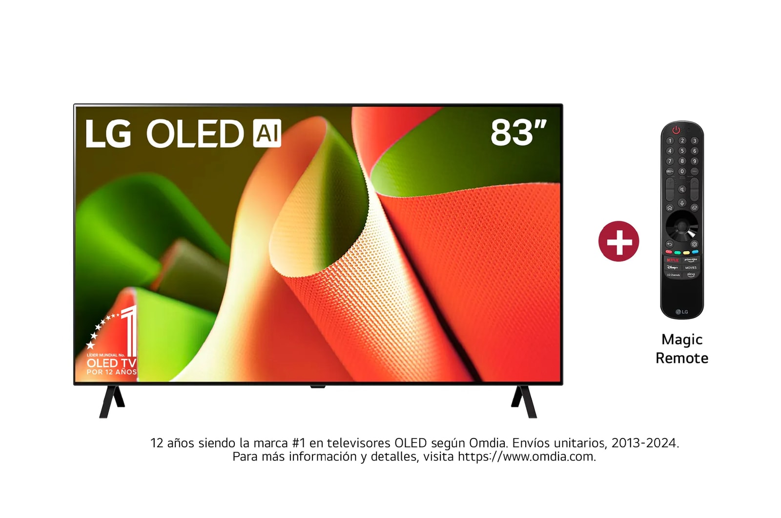 Vista frontal con el LG OLED TV, OLED AI B4, el emblema de 11 años como líder mundial OLED y el logotipo de webOS Re:New Program en la pantalla con soporte de 2 polos