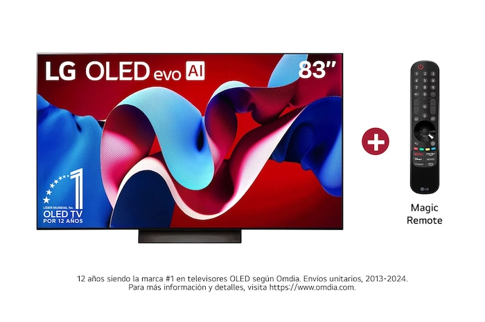 Vista frontal con LG OLED evo AI 83", incluye Magic Remote, y el emblema OLED número 1 del mundo de 11 años en la pantalla