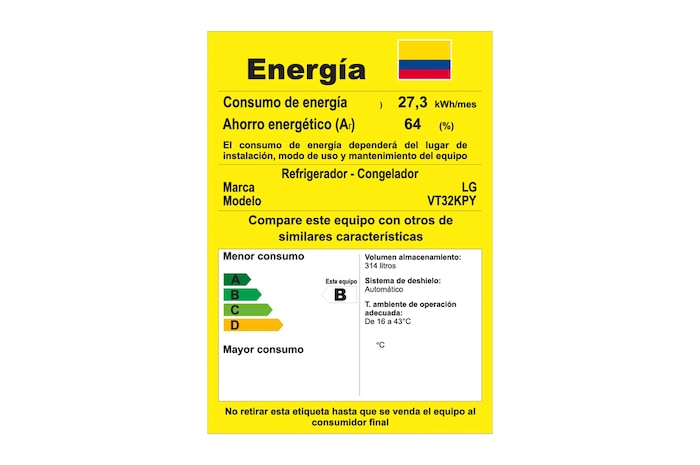 LG Nevera VT32KPY tarjeta consumo energético