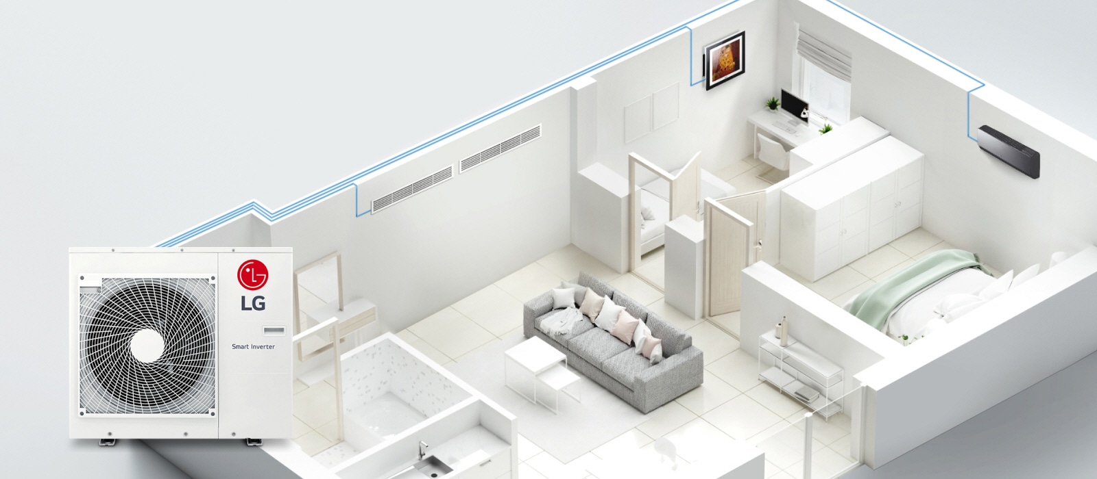 Una vista en sección de la casa muestra las tuberías azules de una unidad Smart Inverter de LG que serpentean por la casa, conectando tres unidades interiores en cada habitación.