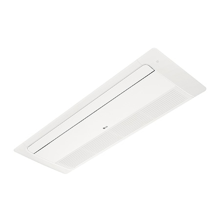 LG Ceiling Cassette ARNU07GTUB4 es rectangular y plano. Hay una bandeja móvil en la parte frontal y un orificio largo en la parte trasera para que el aire pueda entrar y salir.
