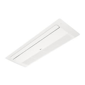 LG Ceiling Cassette ARNU07GTUB4 es rectangular y plano. Hay una bandeja móvil en la parte frontal y un orificio largo en la parte trasera para que el aire pueda entrar y salir.