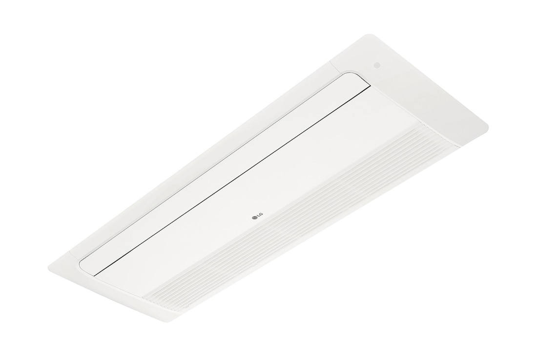 LG Ceiling Cassette ARNU07GTUB4 es rectangular y plano. Hay una bandeja móvil en la parte frontal y un orificio largo en la parte trasera para que el aire pueda entrar y salir.