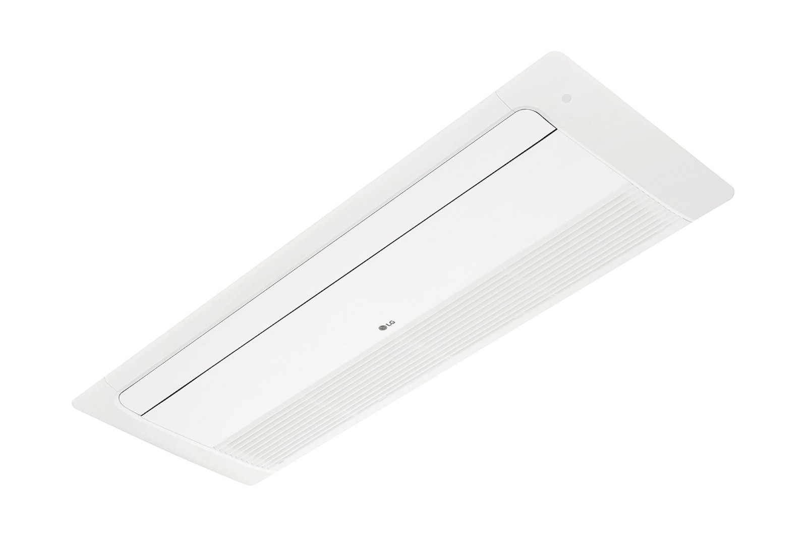 LG Ceiling Cassette ARNU07GTUB4 es rectangular y plano. Hay una bandeja móvil en la parte frontal y un orificio largo en la parte trasera para que el aire pueda entrar y salir.