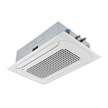 LG Ceiling Cassette ARNU12GTSC4 es una placa blanca debajo de la caja plateada. La placa tiene dos canales para permitir un flujo de aire bidireccional.