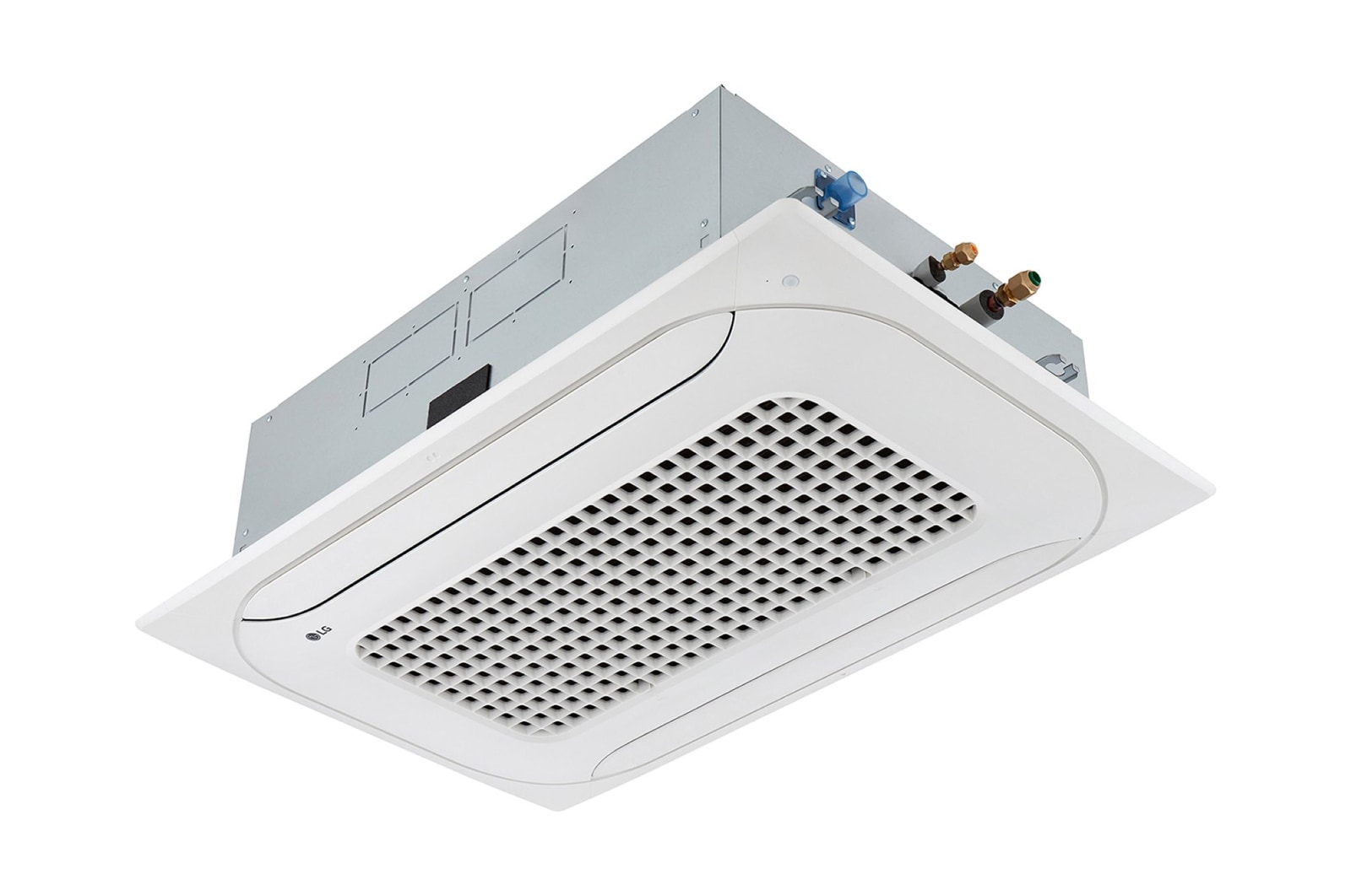 LG Ceiling Cassette ARNU12GTSC4 es una placa blanca debajo de la caja plateada. La placa tiene dos canales para permitir un flujo de aire bidireccional.