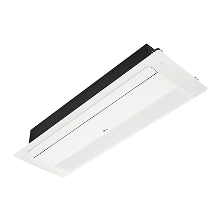 El LG Ceiling Cassette ARNU18GTTB4 es rectangular y tiene un paralelepípedo rectangular negro en la parte inferior. Hay una bandeja móvil en la parte frontal y un orificio largo en la parte trasera para que el aire pueda entrar y salir.