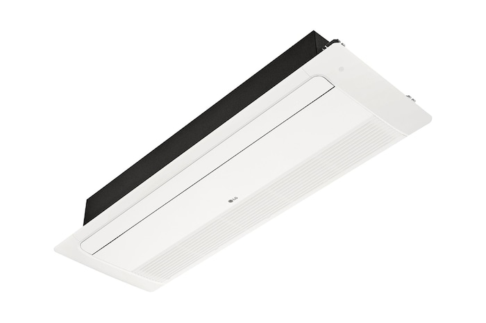 El LG Ceiling Cassette ARNU18GTTB4 es rectangular y tiene un paralelepípedo rectangular negro en la parte inferior. Hay una bandeja móvil en la parte frontal y un orificio largo en la parte trasera para que el aire pueda entrar y salir.