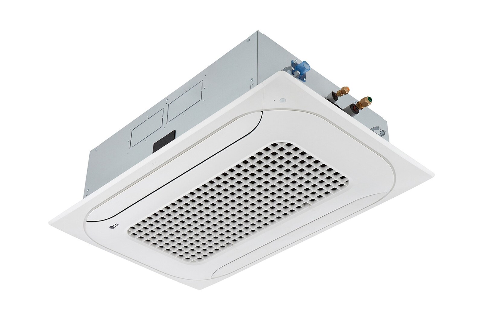 LG Ceiling Cassette ARNU24GTSC4 es una placa blanca debajo de la caja plateada. La placa tiene dos canales para permitir un flujo de aire bidireccional.