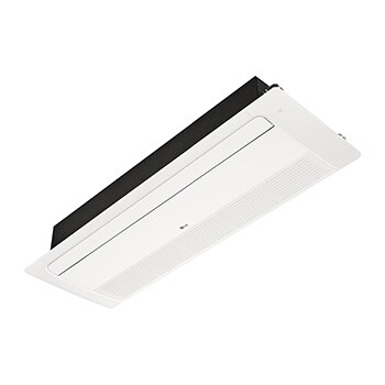 LG Ceiling Cassette ARNU24GTTB4 es rectangular y tiene un paralelepípedo rectangular negro en la parte inferior. Hay una bandeja móvil en la parte frontal y un orificio largo en la parte trasera para que el aire pueda entrar y salir.