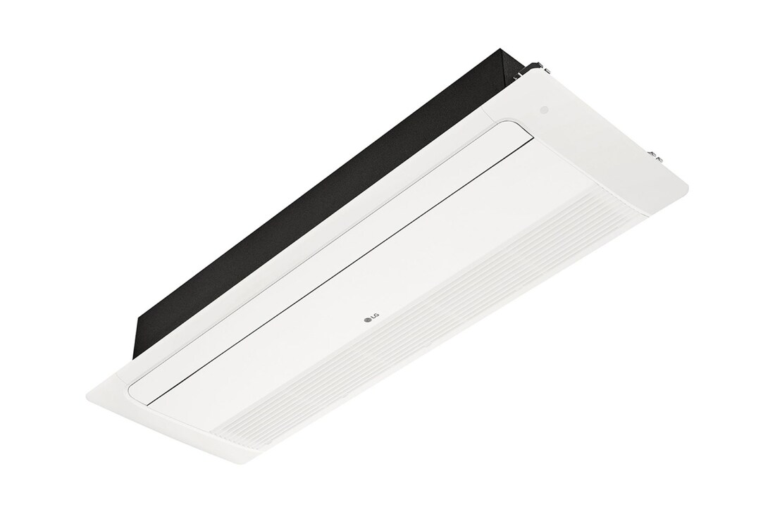 LG Ceiling Cassette ARNU24GTTB4 es rectangular y tiene un paralelepípedo rectangular negro en la parte inferior. Hay una bandeja móvil en la parte frontal y un orificio largo en la parte trasera para que el aire pueda entrar y salir.