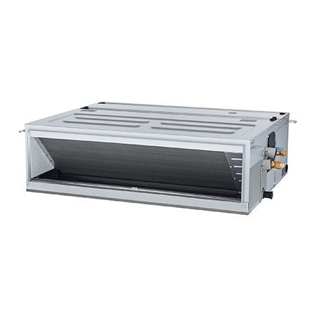 LG Concealed Duct ARNU09GM1A4 is a gray rectangular parallelepiped with some air inlets on the right side and an air outlet vent on the front.