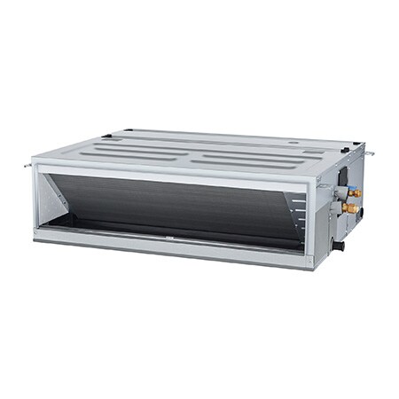 LG Concealed Duct ARNU18GM1A4 is a gray rectangular parallelepiped with some air inlets on the right side and an air outlet vent on the front.