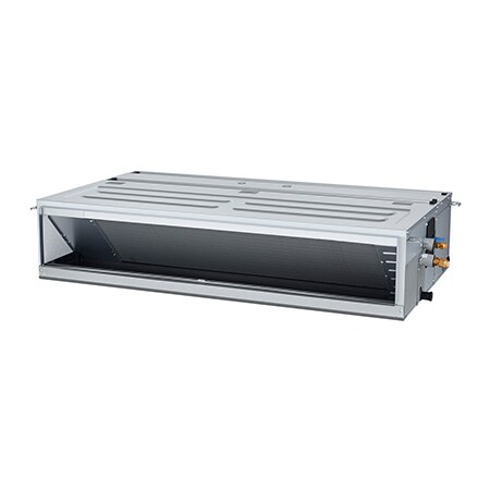 LG Concealed Duct ARNU48GM3A4 es un paralelepípedo rectangular gris con algunas entradas de aire en el lado derecho y una rejilla de ventilación de salida de aire en la parte frontal.