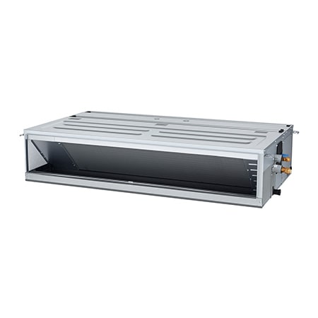 LG Concealed Duct ARNU07GM1A4 es un paralelepípedo rectangular gris con algunas entradas de aire en el lado derecho y una rejilla de ventilación de salida de aire en la parte frontal.