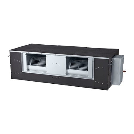 LG Concealed Duct ARNU76GB8A4 es un paralelepípedo rectangular negro con dos salidas de aire en la parte frontal.