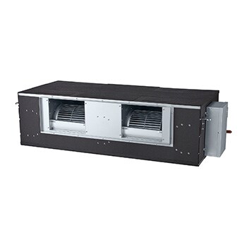 LG Concealed Duct ARNU76GB8A4 es un paralelepípedo rectangular negro con dos salidas de aire en la parte frontal.