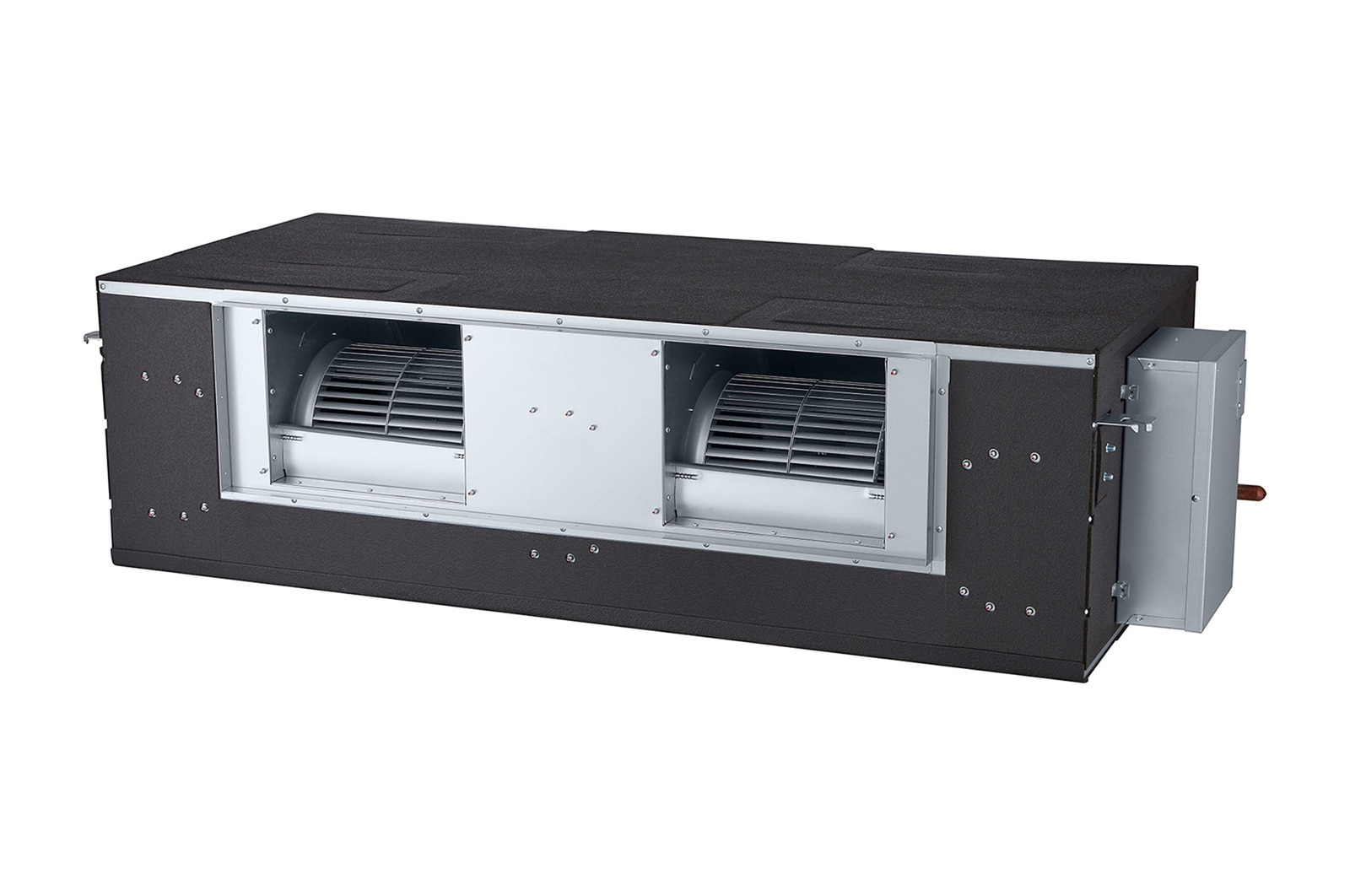 LG Concealed Duct ARNU76GB8A4 es un paralelepípedo rectangular negro con dos salidas de aire en la parte frontal.