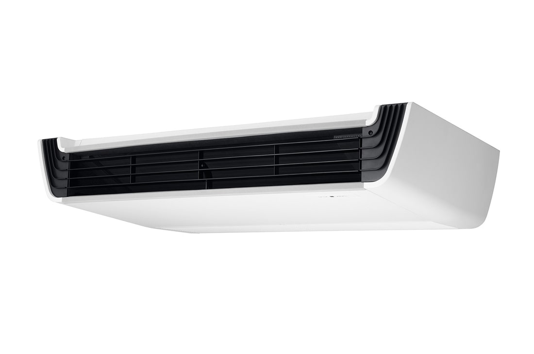 LG Convertible, Ceiling Suspended ARNU24GV1A4, cuenta con un diseño en forma de V y una rejilla frontal de color negro.