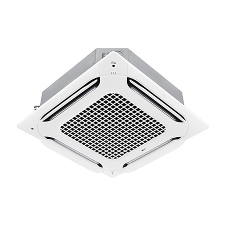 LG Dual Vane Cassette, unidad interior, 48kBTU tiene una forma cuadrada, y el aire se puede distribuir en cuatro direcciones.