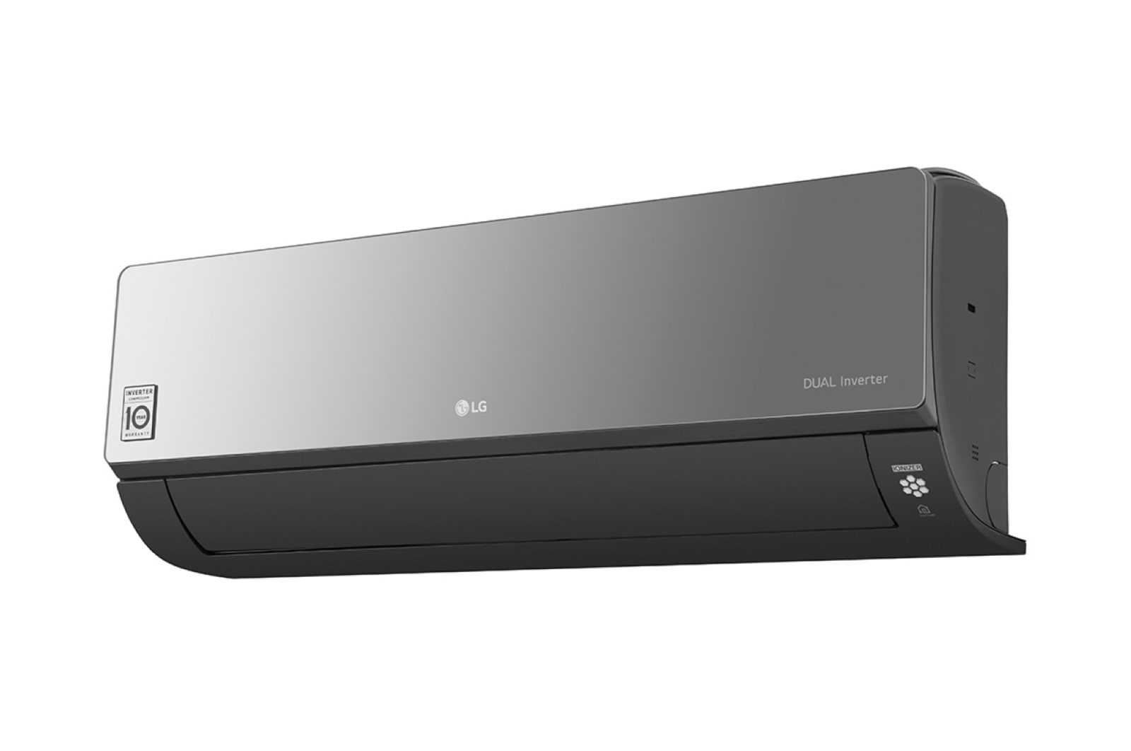 LG Wall Mounted ARNU07GSJR4 tiene forma de paralelepípedo rectangular alargado de color negro y presenta una ligera curva en la parte inferior. Hay una salida de aire en la parte inferior y una rejilla en la parte superior.