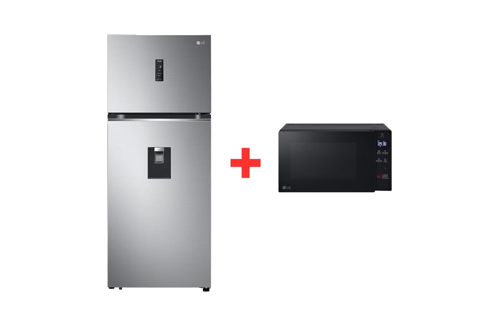 Vista frontal de Combo Nevera Congelador Sup. LG 394L D.Cooling + Horno Micro. VT40SPYC.MS2032G