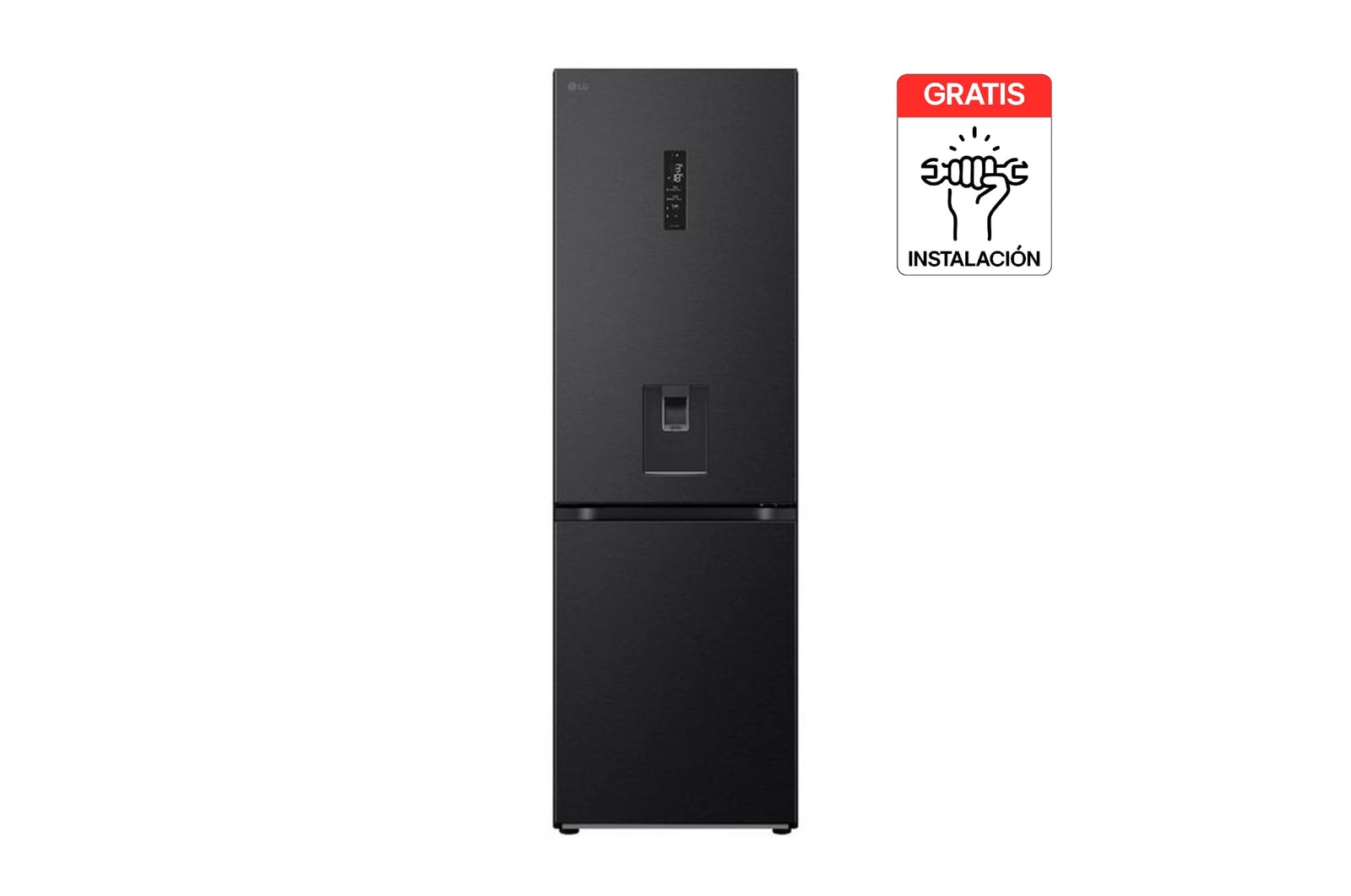 Vista frontal de Nevera LG Congelador Inferior 343L Negro Mate Disp. agua   GB37SPV