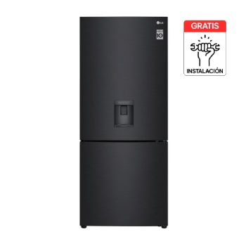 Vista frontal de Nevera LG Congelador Inferior 420L Negro Mate Disp. agua GB41WPT