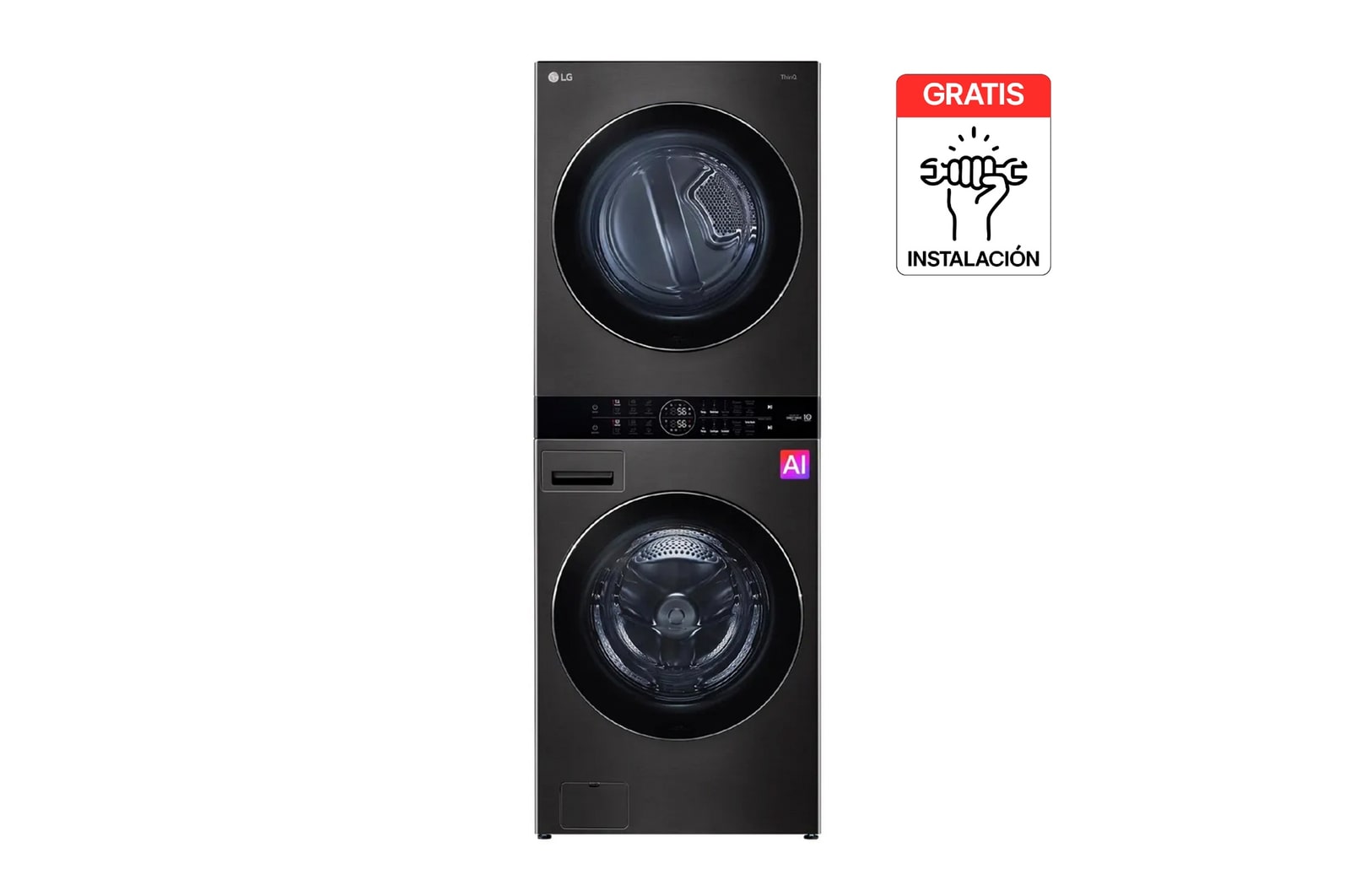 Vista frontal de Washtower™ LG 14Kg/10Kg Negro Heat Pump AIDD™ TurboWash360™ WK14BS6R