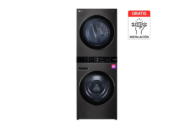 Vista frontal de Washtower™ LG 14Kg/10Kg Negro Heat Pump AIDD™ TurboWash360™ WK14BS6R