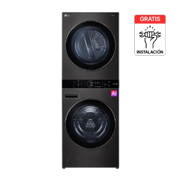 Vista frontal de Washtower™ LG 14Kg/10Kg Negro Heat Pump AIDD™ TurboWash360™ WK14BS6R