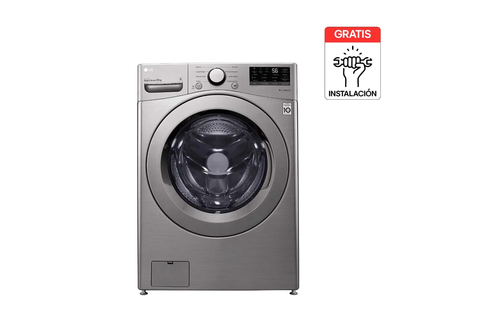 Vista frontal de Lavadora LG Carga Frontal 20Kg Plata Motor Direct Drive WM20VV26W