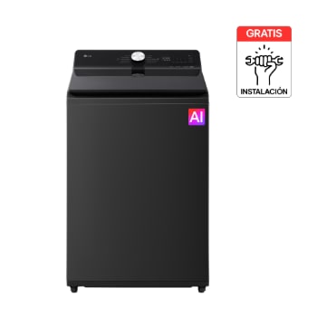 Vista frontal de Lavadora LG Carga Superior 23Kg Negro AIDD EasyUnload - con Pulsador Inox WT23NBTX6