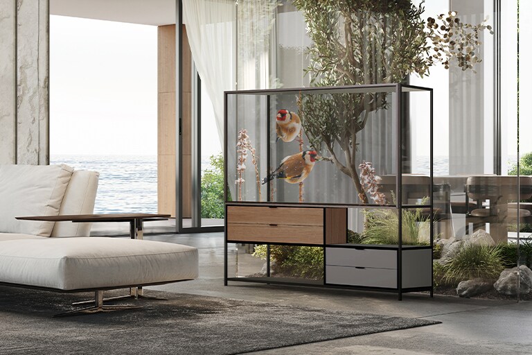 En una casa de lujo con vista al mar, los muebles tienen una pantalla OLED transparente que muestra pájaros..