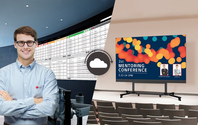 Un empleado de LG monitorea remotamente la pantalla LED LABA usando la solución en la nube LG ConnectedCare.