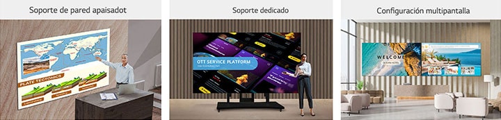 Opciones de montaje flexibles: en pared, con base o múltiples pantallas unidas.