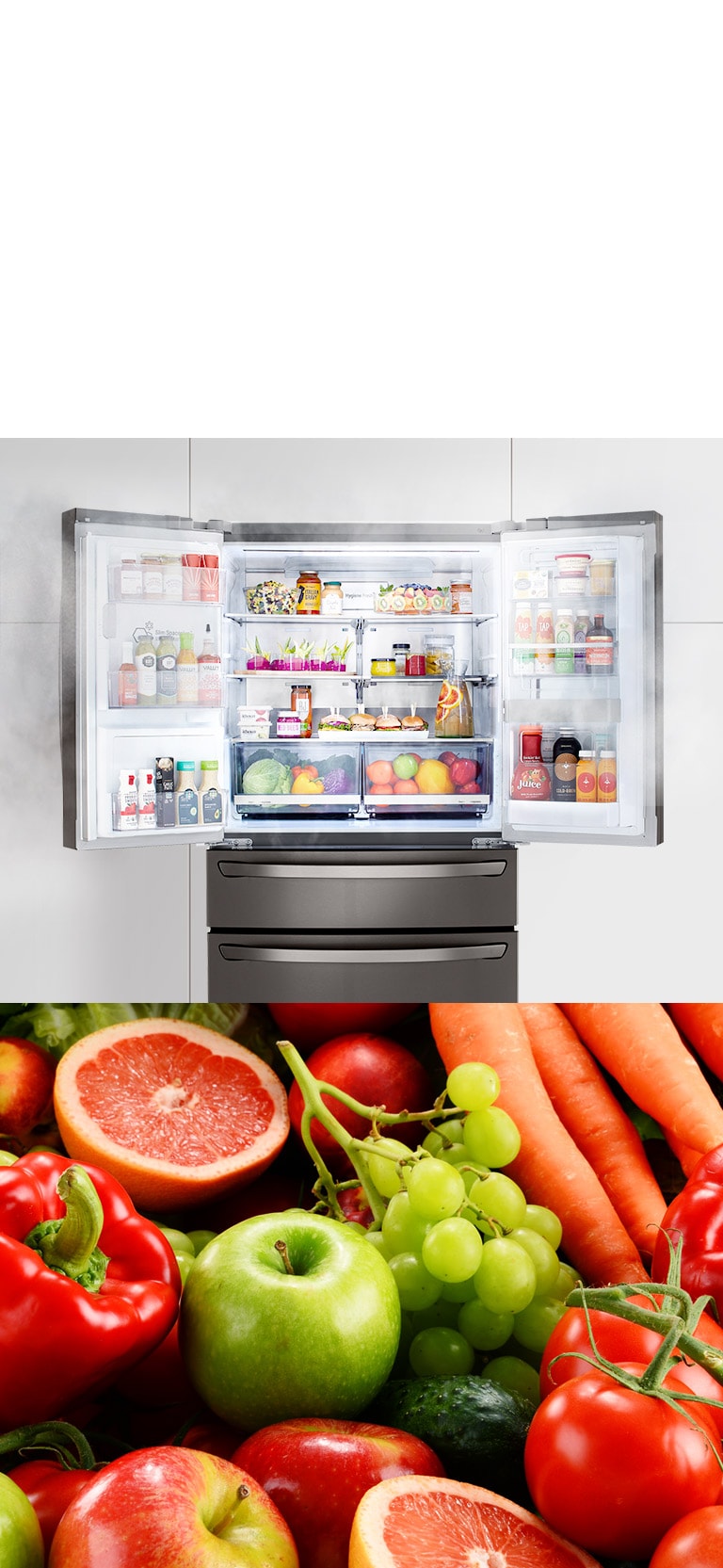 Nevecón LG French Door con LINEAR Cooling™ mantiene tus alimentos frescos por más tiempo, incluso con las puertas abiertas y frutas