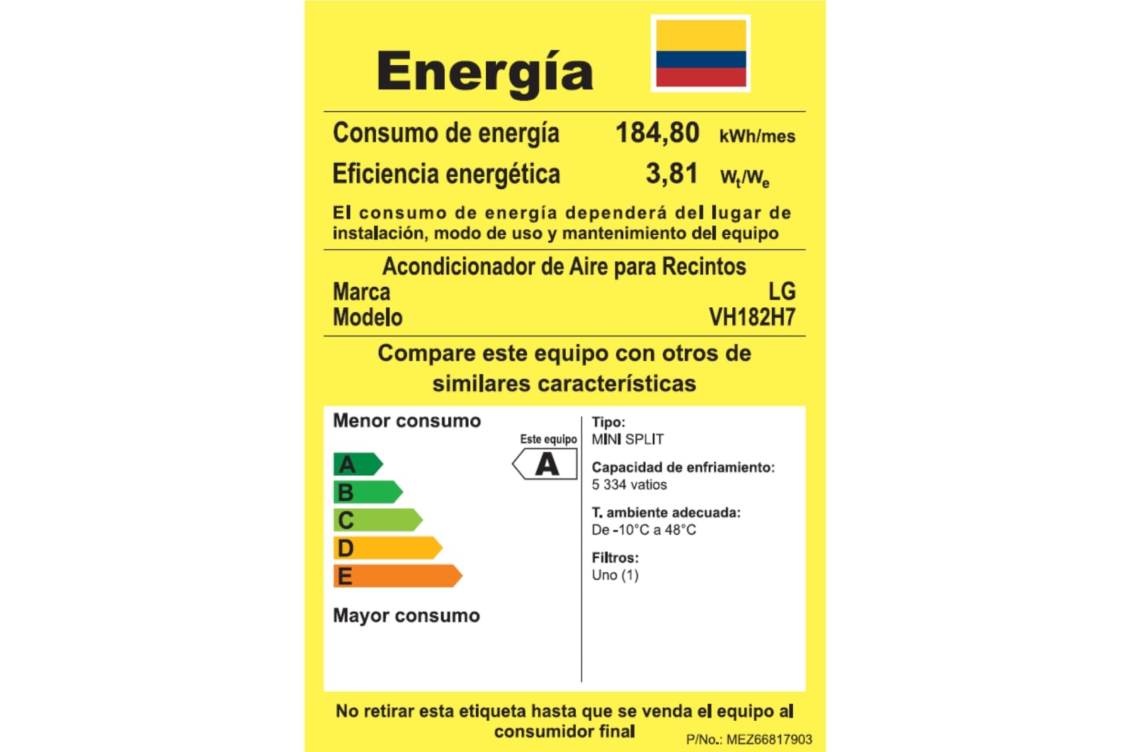 LG Capacidad 18.000 BTU, EER grado RETIQ A, Smart Inverter, Funcion de Enfriamiento y calefacción, VH182H7