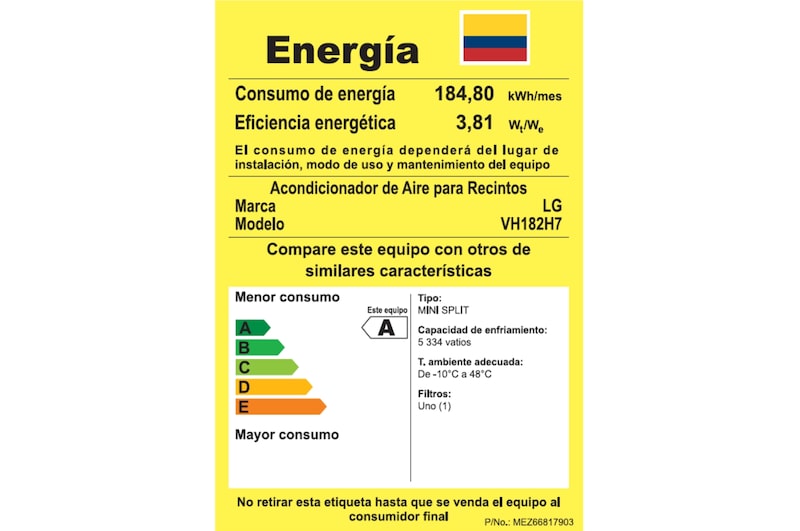 LG Capacidad 18.000 BTU, EER grado RETIQ A, Smart Inverter, Funcion de Enfriamiento y calefacción, VH182H7