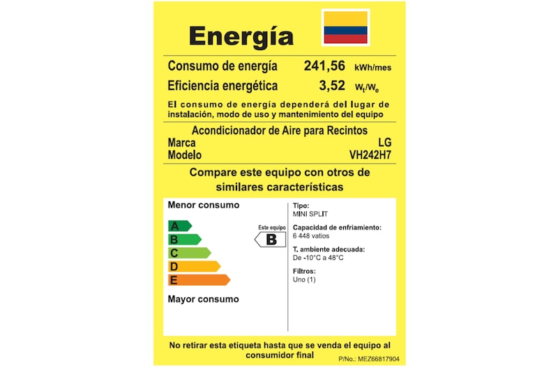 LG Capacidad 24.000 BTU, EER grado RETIQ B, Smart Inverter, Funcion de Enfriamiento y calefacción, VH242H7