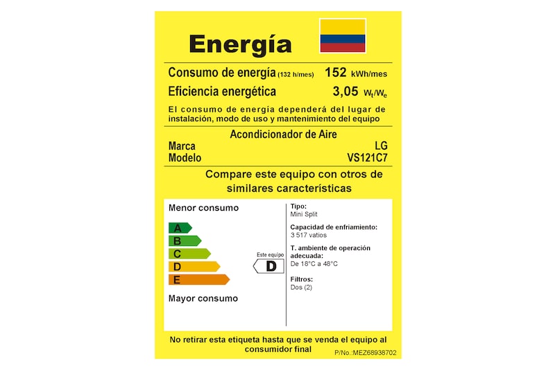 Consumo energético aire acondicionado VS121C7 BTU 