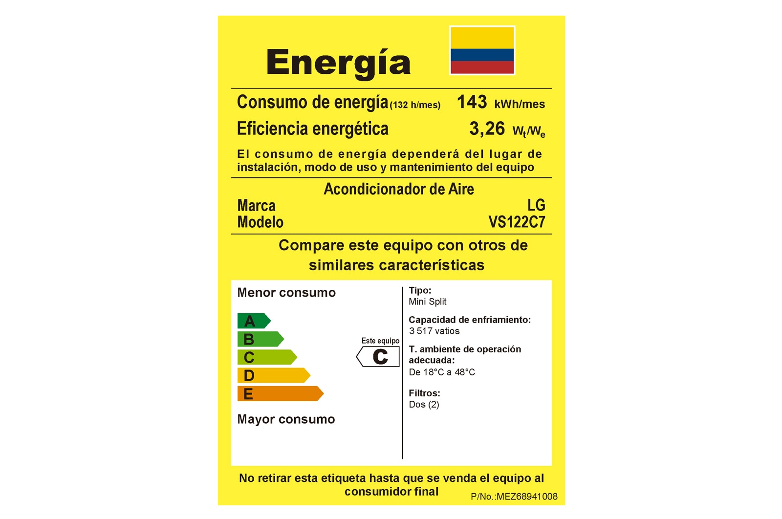 Consumo energético del aire acondicionado VS122C7 BTU