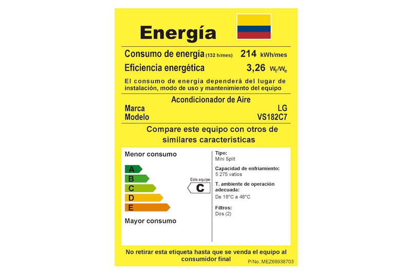 Consumo energético del aire acondicionado VS182C7 BTU