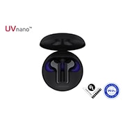 Vista superior del estuche abierto y los auriculares adentro con la luz UV activa.