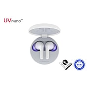 Vista superior del estuche abierto y los auriculares adentro con la luz UV activa.