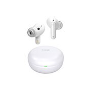Imagen con auriculares LG TONE Free flotando sobre una base de carga abierta.